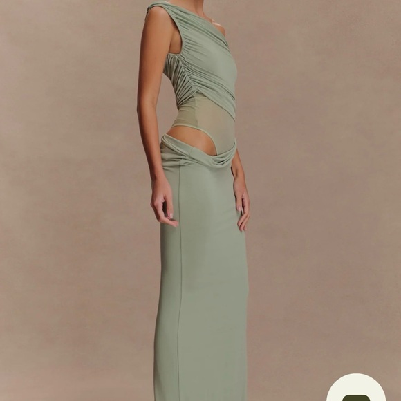 MESHKI Callen One Shoulder Slinky Maxi Dress in Sage - Picture 4 of 4
